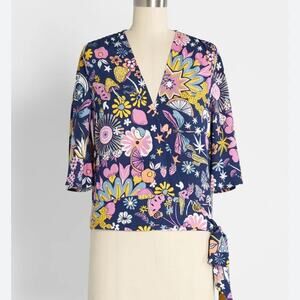 NEW Modcloth Wrap Top V-Neck Bell Sleeve Graphic Print Navy Blue XS